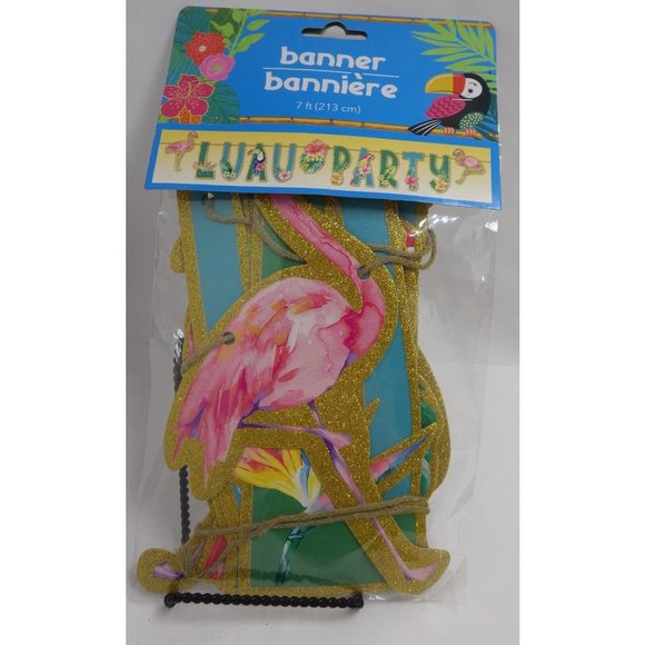 Luau Party Banner Pink Flamingo Parrot 7 Feet Glitter Garland Beach Pool Coastal - Picture 1 of 5